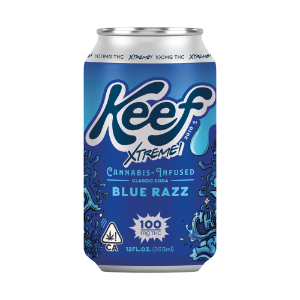 A photograph of Keef 100mg Blue Razz Xtreme Classic Soda 12oz