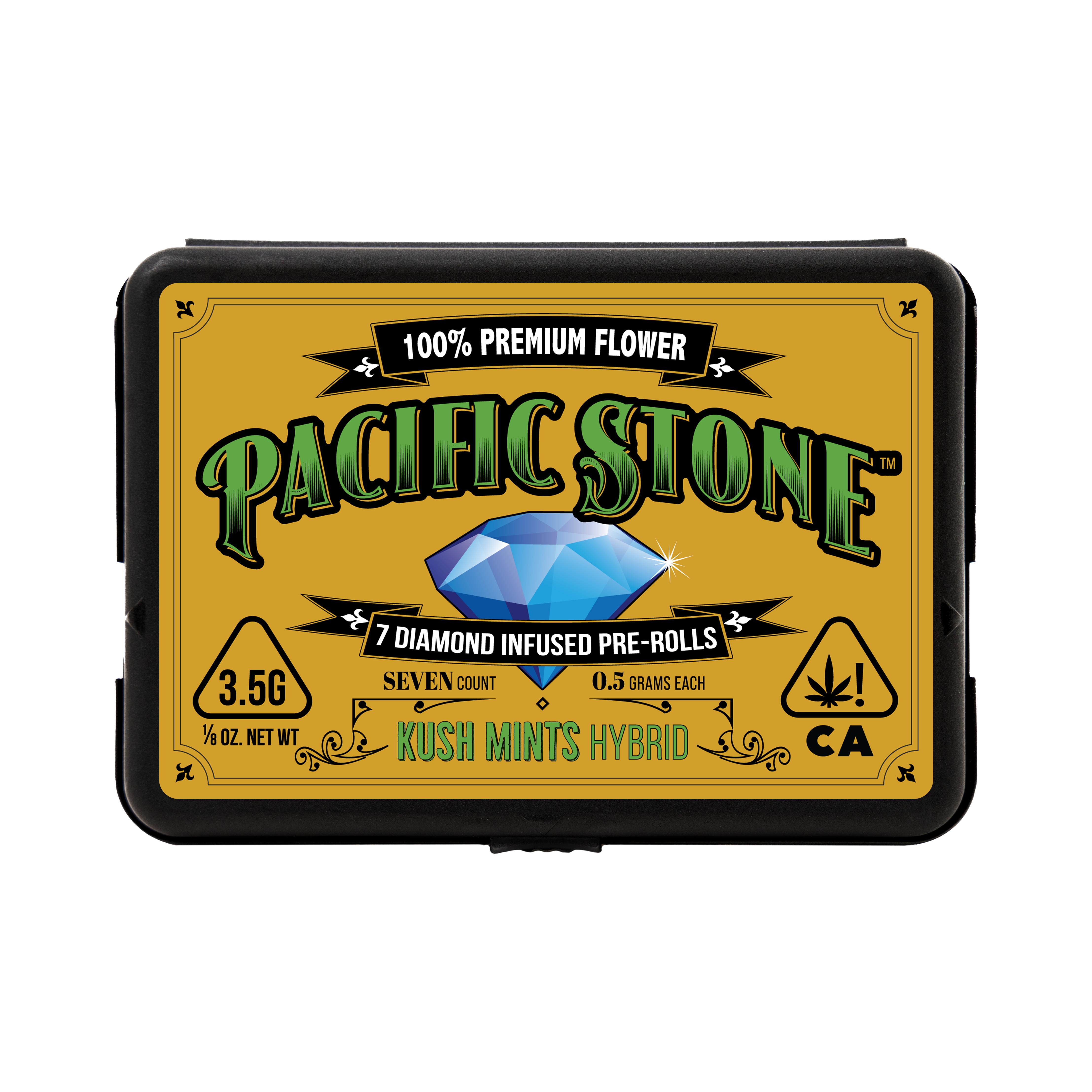 A photograph of Pacific Stone Diamond Infused Prerolls 0.5g Hybrid Kush Mints 7-Pack 3.5g