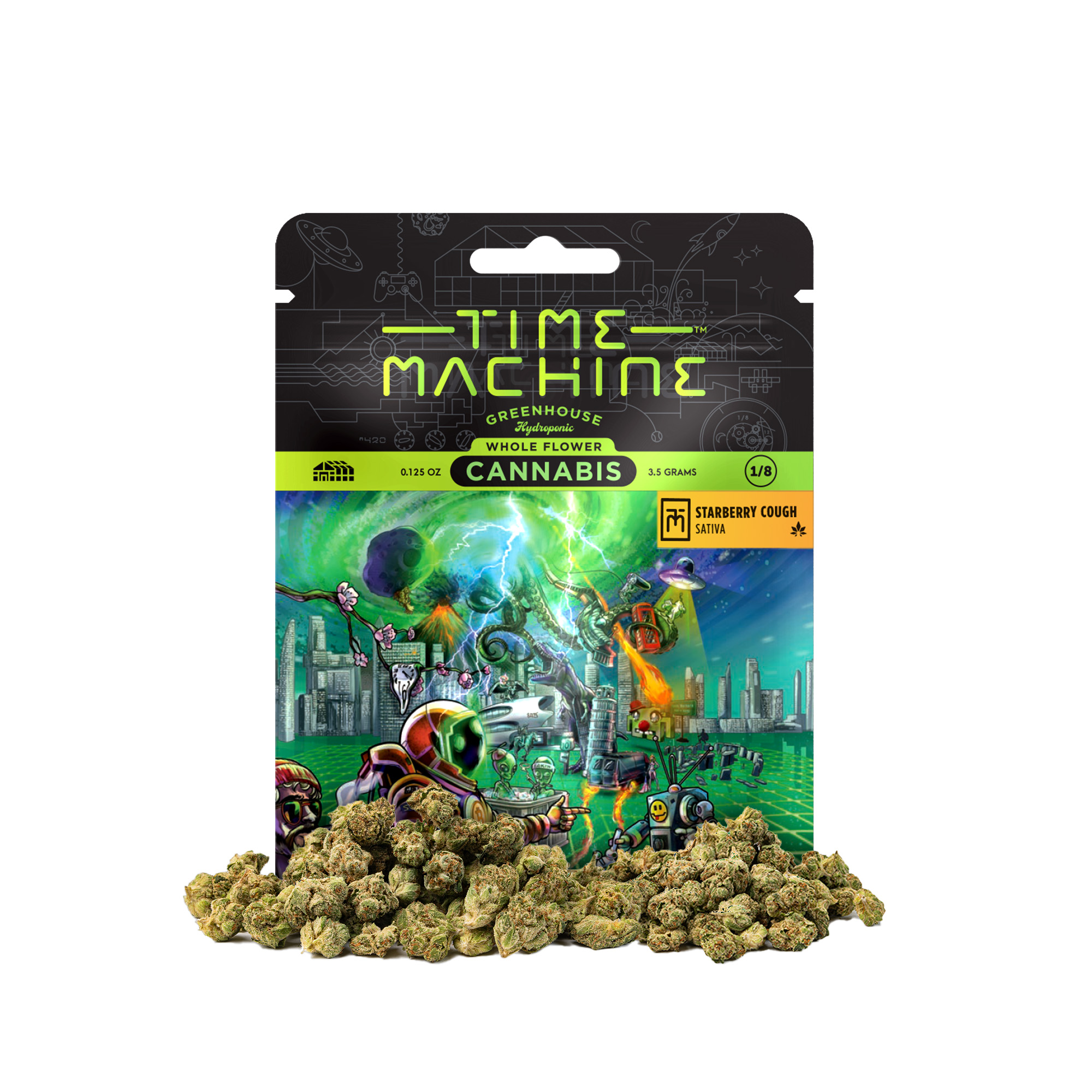 A photograph of Time Machine Flower 3.5g Sativa Starberry Cough