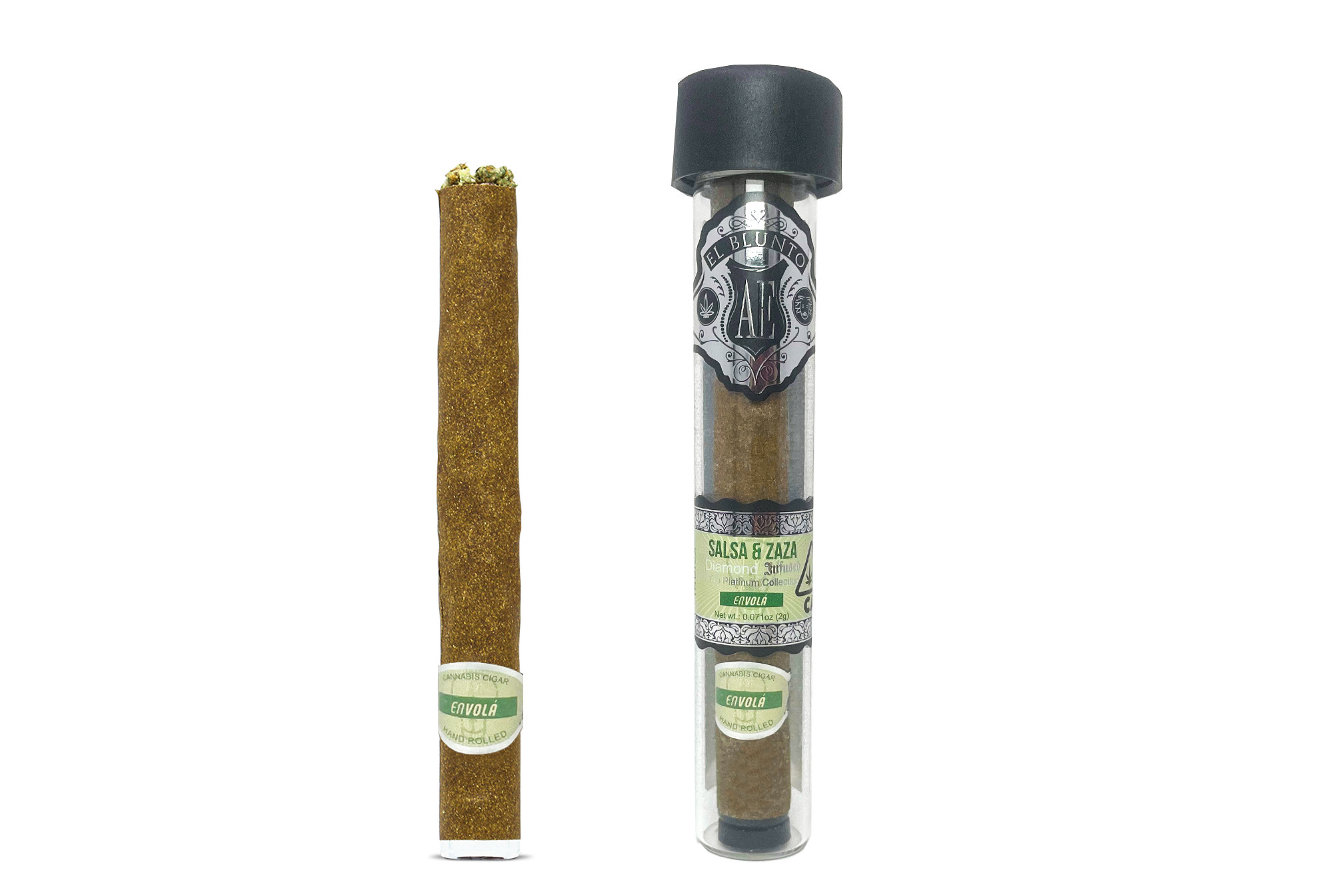 A photograph of El Blunto Platinum Diamond Blunt x Envola 2g Indica Salsa & Zaza 16ct