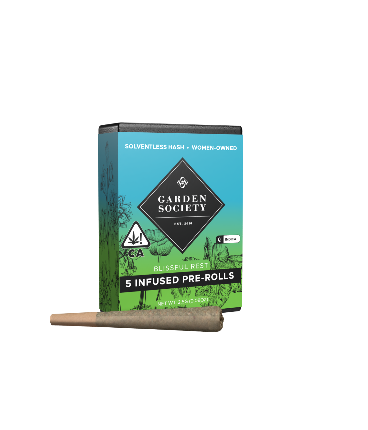 A photograph of Garden Society Hash-Inf Pre-Roll 0.5g Indica GG4 x Blueberry Muffin 5pk 2.5
