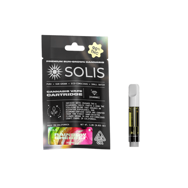 A photograph of Solis Diamond Enhanced Cartridge 1g Hybrid Rainbow Sherbet