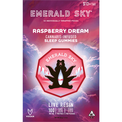 Emerald Sky Live Resin Gummies 10ct 100mg Indica Raspberry Dream 10:2:2 THC/CBD/CBN Sleep