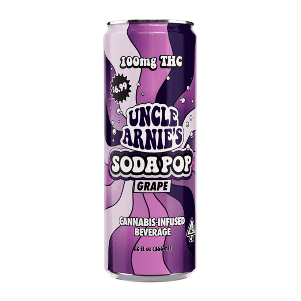 A photograph of Uncle Arnie's Beverage 12oz Grape Soda 100mg 12pk