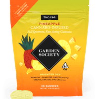 A photograph of Garden Society Gummy Pineapple 1:1 Sativa THC/CBG 100mg 20pk