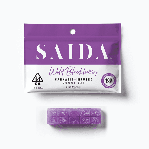 A photograph of Saida Gummy Bar 100mg Indica Wild Blackberry