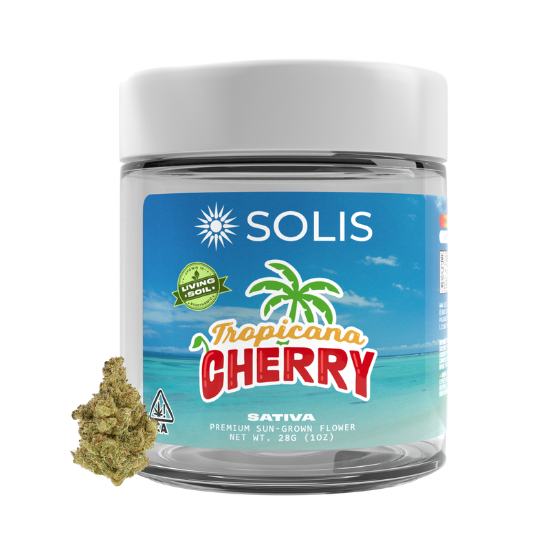 A photograph of Solis Flower 28g Sativa Tropicana Cherry