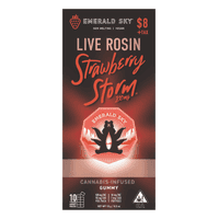 A photograph of Emerald Sky Rosin Gummies 1ct 100mg Hybrid Strawberry Storm 48pk