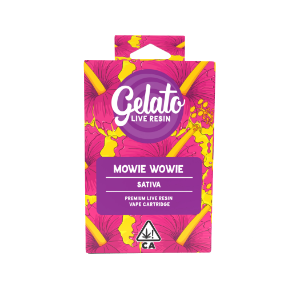 A photograph of Gelato Live Resin Cartridge 1g Sativa Mowie Wowie