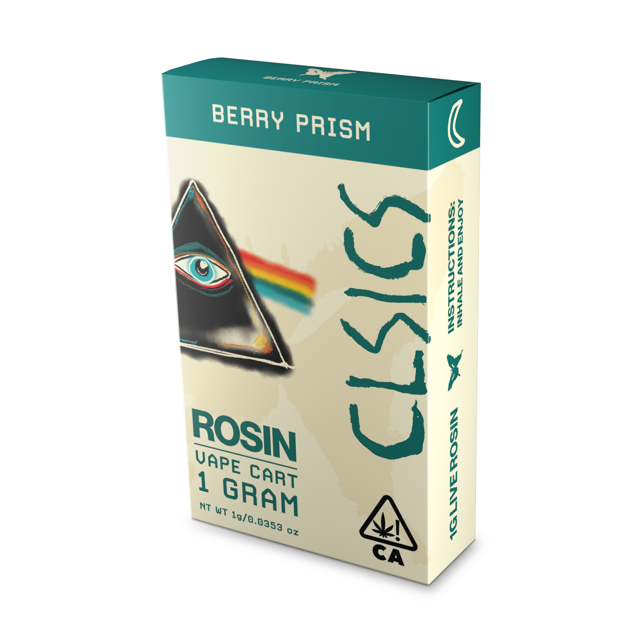 A photograph of CLSICS Live Rosin Cartridge 1g Indica Berry Prism