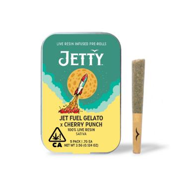 A photograph of Jetty Live Resin Preroll Jet Fuel Gelato x Cherry Punch 5pk