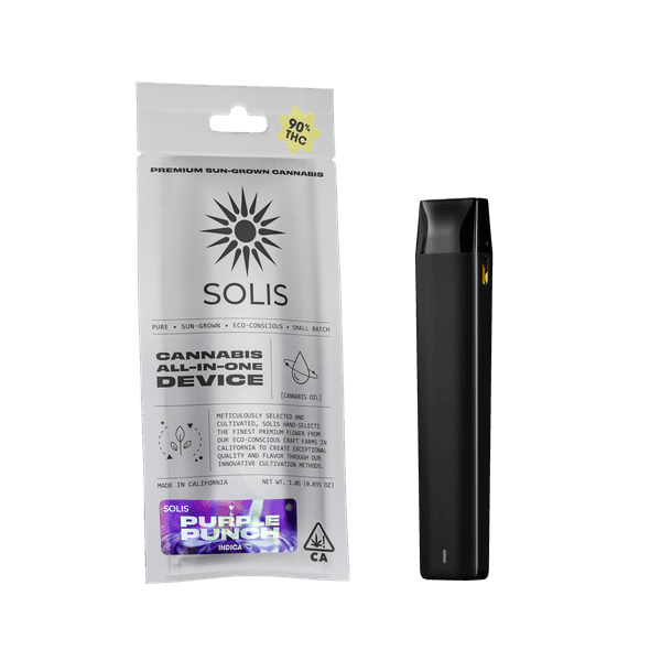 A photograph of Solis All-In-One Vape 1g Indica Purple Punch