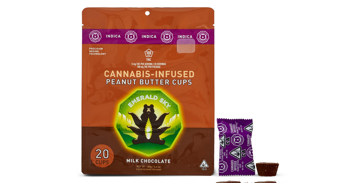 A photograph of Emerald Sky Peanut Butter Cups 20ct 100mg Indica Milk Chocolate