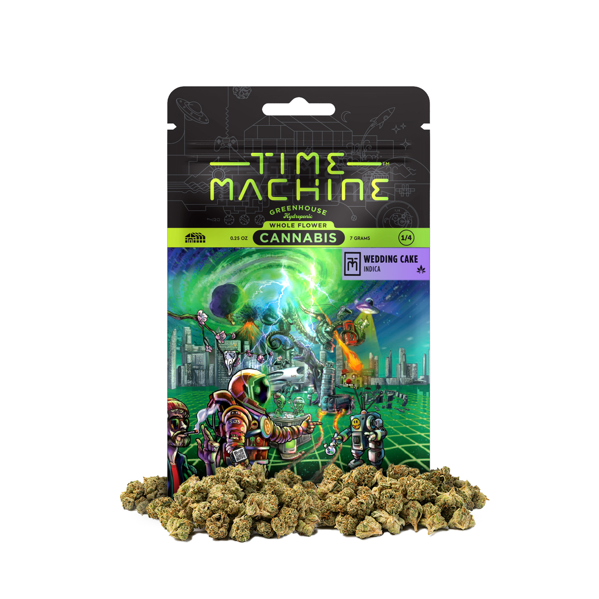 A photograph of Time Machine Flower 7g Indica Wedding Cake