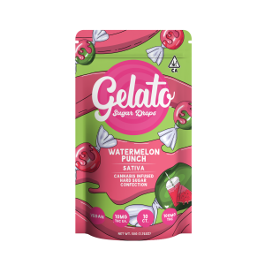 A photograph of Gelato Sugar Drops 100mg Sativa Watermelon Punch 10pc