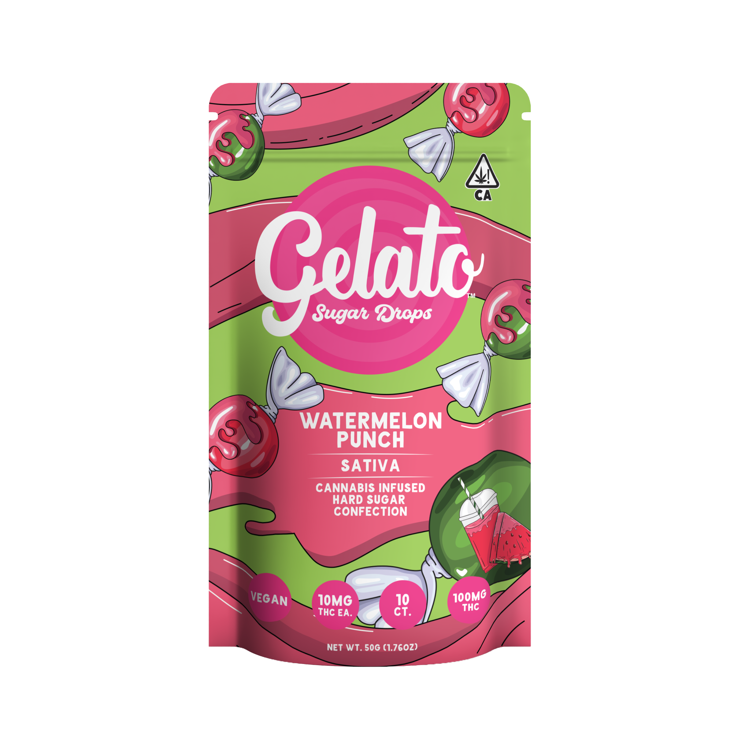 A photograph of Gelato Sugar Drops 100mg Sativa Watermelon Punch 10pc