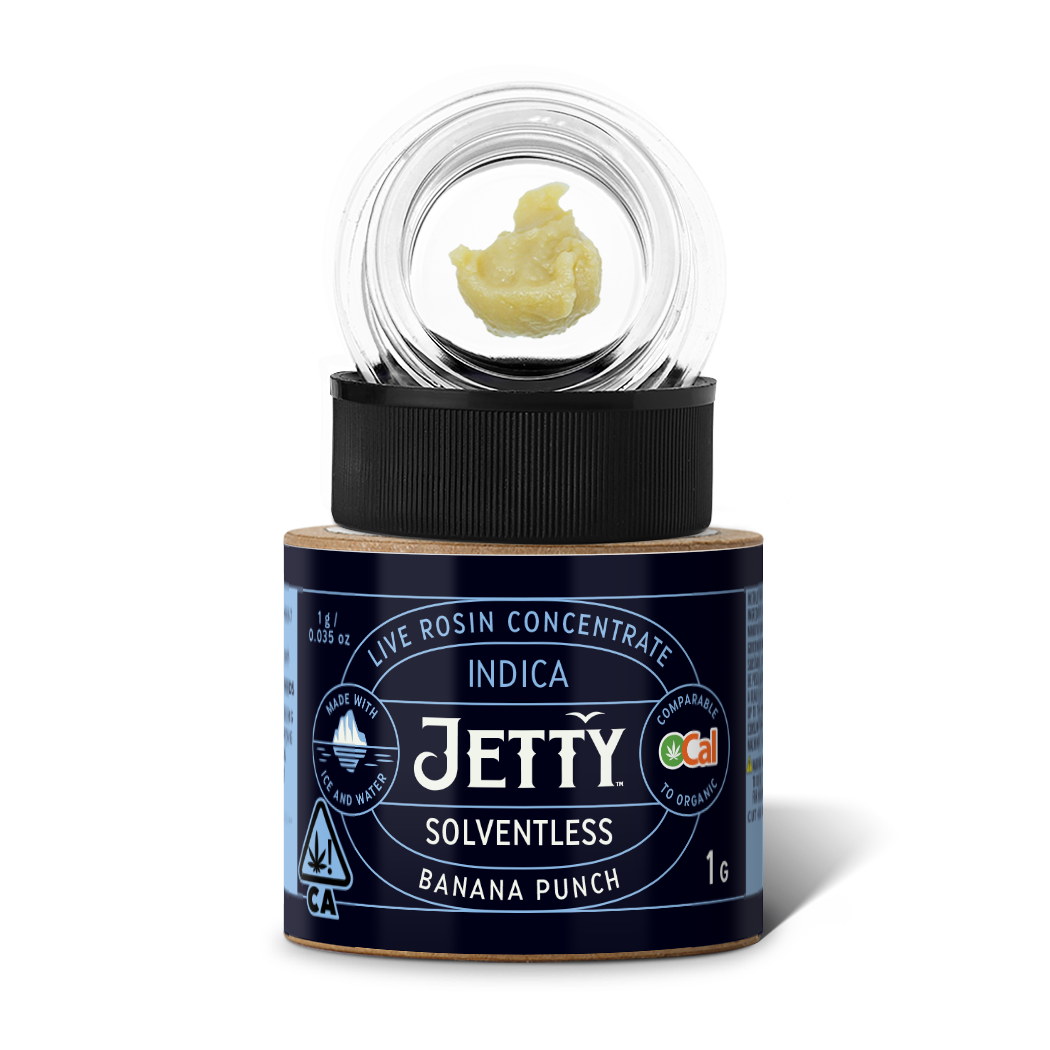 A photograph of Jetty Live Rosin OCAL 1g Solventless Banana Punch