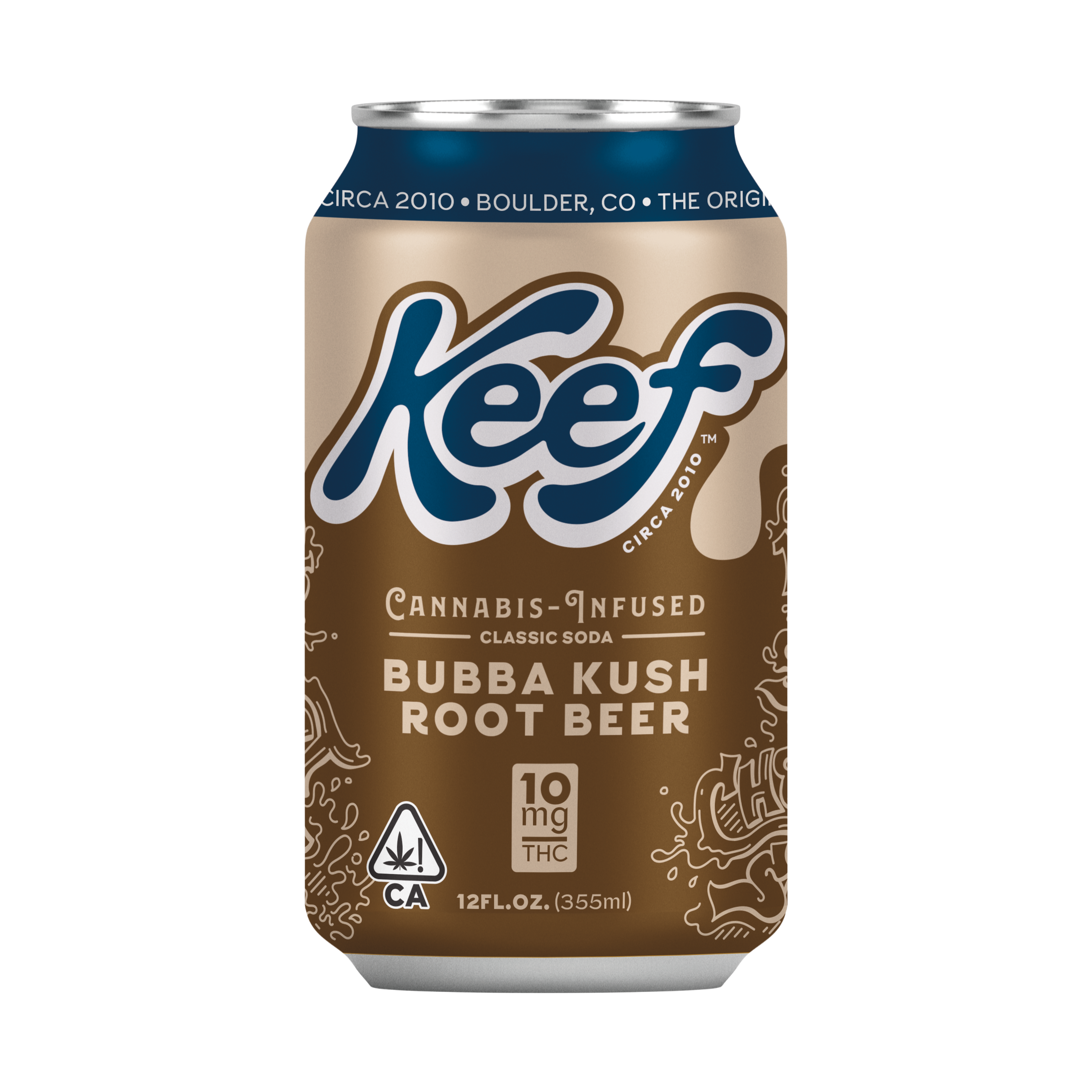 A photograph of Keef 10mg Bubba Kush Root Beer Classic Soda 12oz