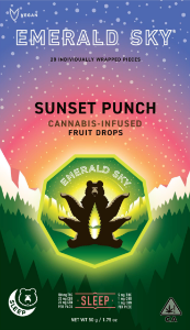 A photograph of Emerald Sky Hard Fruit Drops 20ct 100mg Indica Sleep Sunset Punch