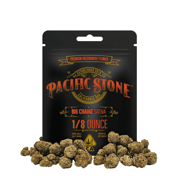 A photograph of Pacific Stone Flower 3.5g Pouch Sativa Big Chainz 16ct