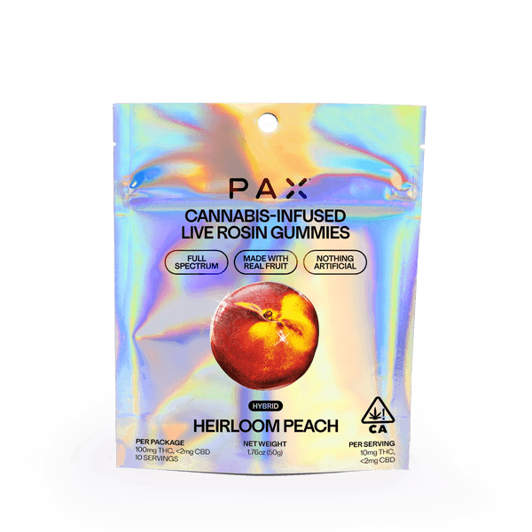 A photograph of PAX Live Rosin Gummies Hybrid Heirloom Peach