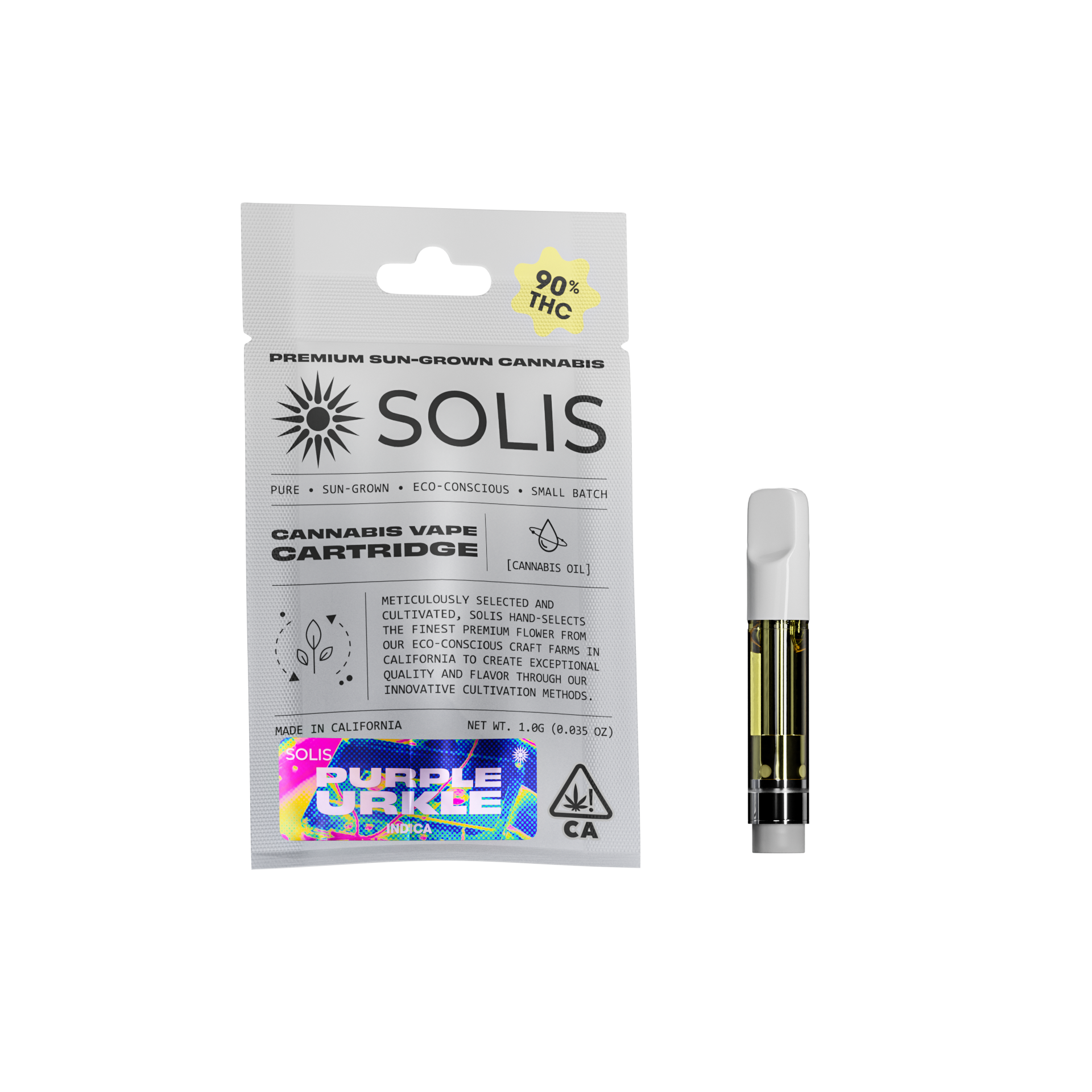 A photograph of Solis Cartridge 1g Indica Purple Urkle