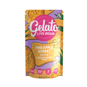 A photograph of Gelato Gummies 100mg Sativa LR Pineapple Sorbet 10ct