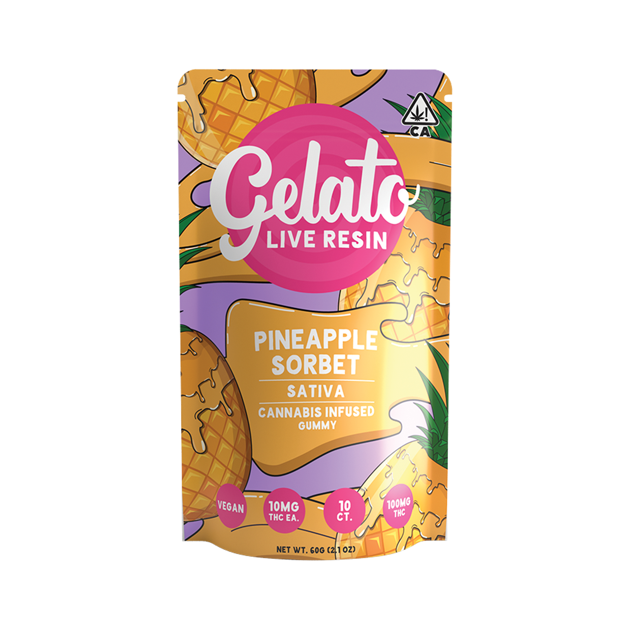 A photograph of Gelato Gummies 100mg Sativa LR Pineapple Sorbet 10ct