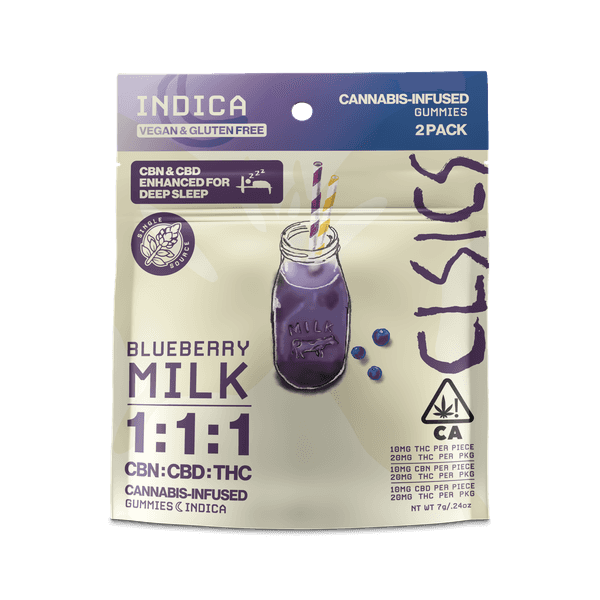 A photograph of CLSICS Live Rosin Gummies Indica CBN/CBD/THC Blueberry Milk 2-Piece