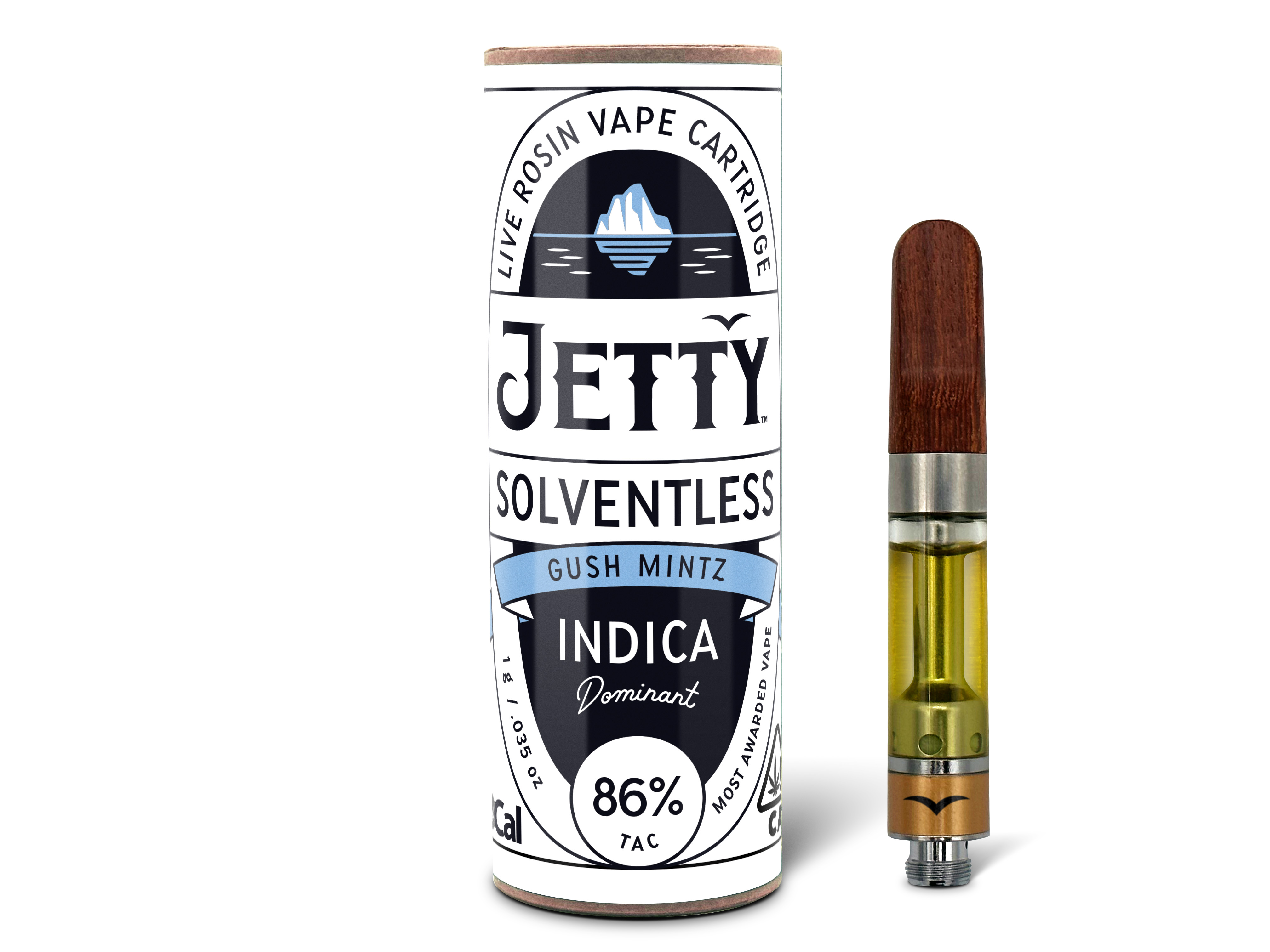 A photograph of Jetty Cartridge OCAL 1g Solventless Gush Mintz