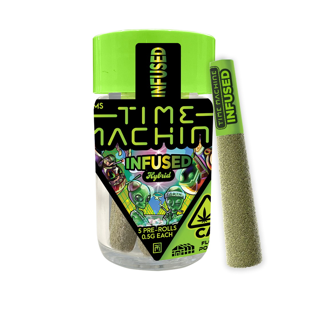 A photograph of Time Machine Infused Preroll 5pk Hybrid Rainbow Crush