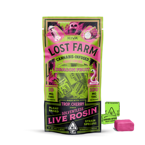 A photograph of Lost Farm Chews Dragon Fruit Trop. Cherry Rosin