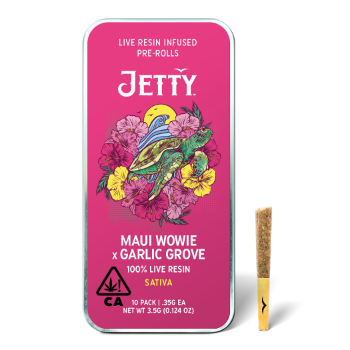 A photograph of Jetty Live Resin Preroll Maui Wowie x Garlic Grove 10pk