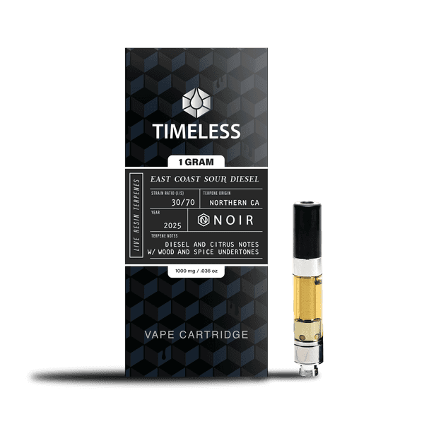 A photograph of Timeless Cartridge Noir 1g East Coast Sour Diesel