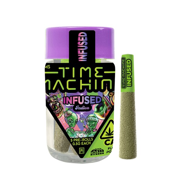 A photograph of Time Machine Infused Preroll 5pk Indica Grandaddy Purp