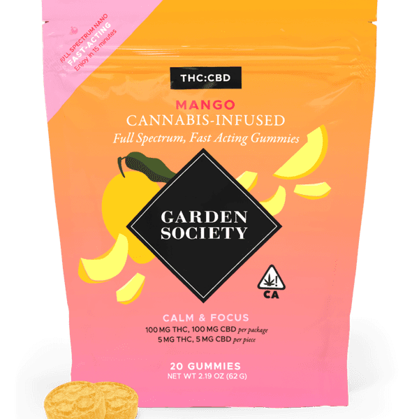 A photograph of Garden Society Gummy Mango 1:1 THC/CBD 100mg 20pk