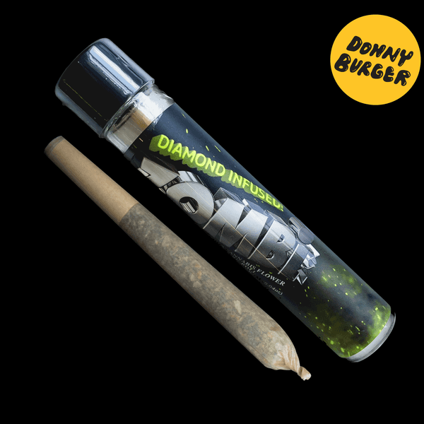 A photograph of Zombi Diamond Infused Preroll 1g Indica Donny Burger 32ct