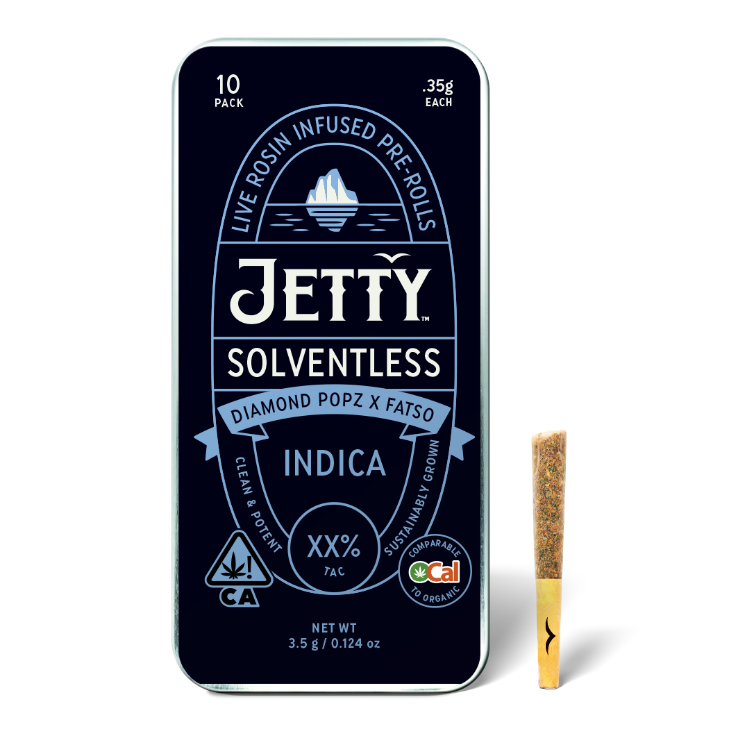 A photograph of Jetty Solventless Preroll OCAL Diamond Popz x Fatso Rosin 10pk