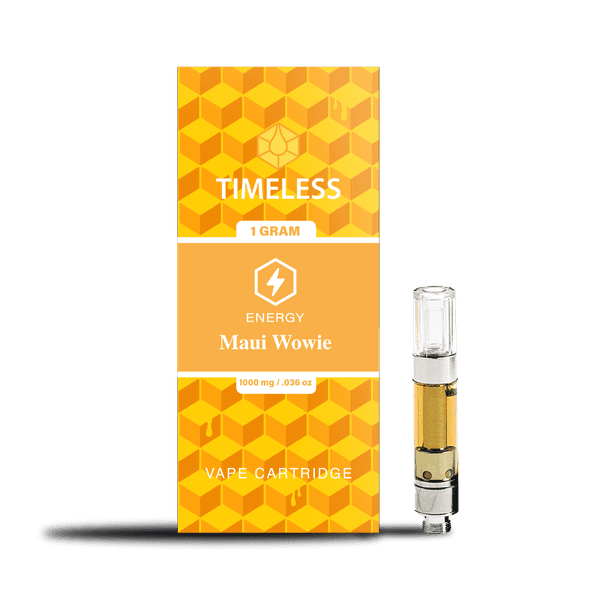 A photograph of Timeless Cartridge Energy 1g Sativa Maui Wowie