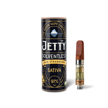 A photograph of Jetty Cartridge OCAL .5g Solventless Sour Strawberry