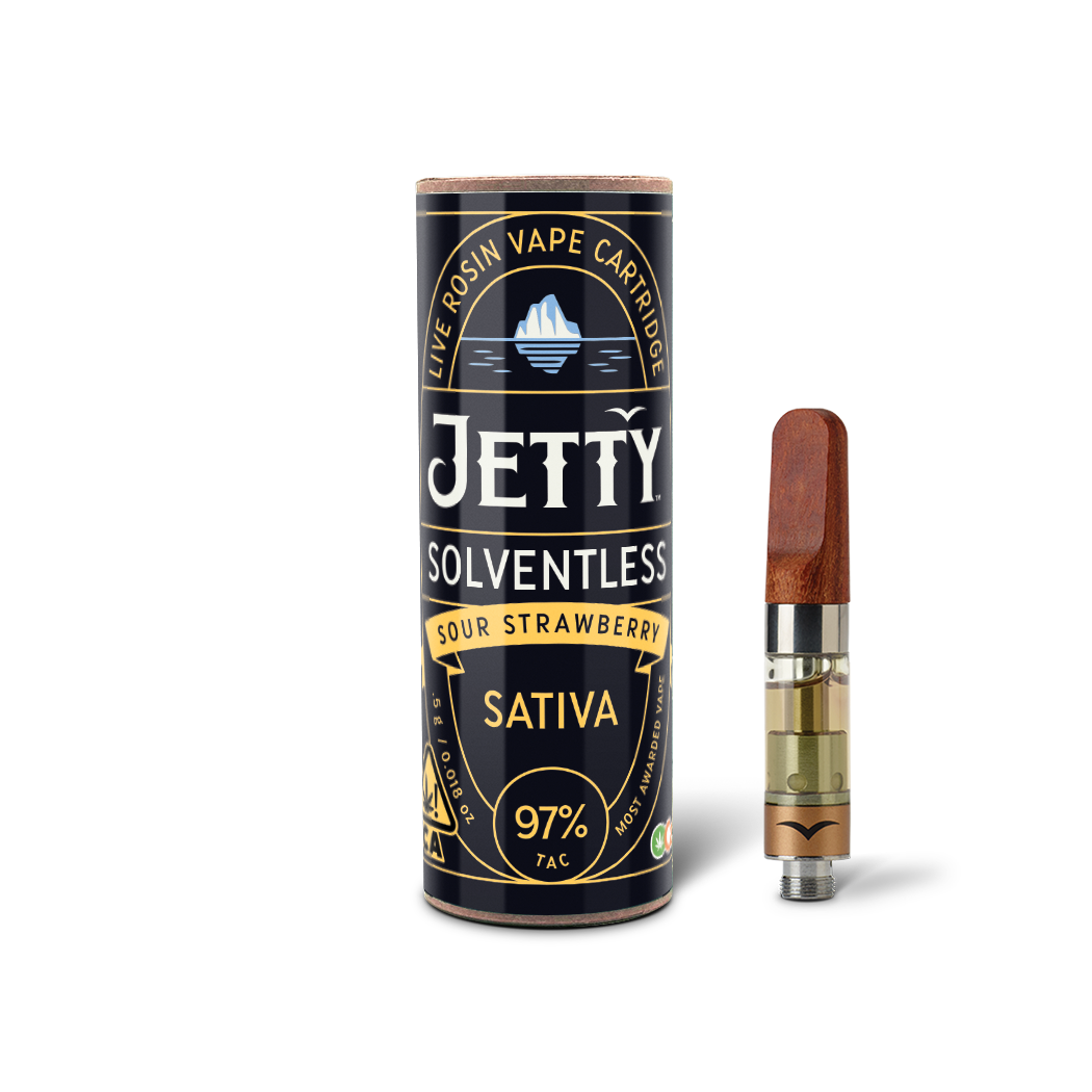 A photograph of Jetty Cartridge OCAL .5g Solventless Sour Strawberry
