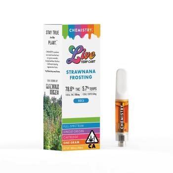 A photograph of Chemistry Live Terp Cartridge 1g Strawnana Frosting