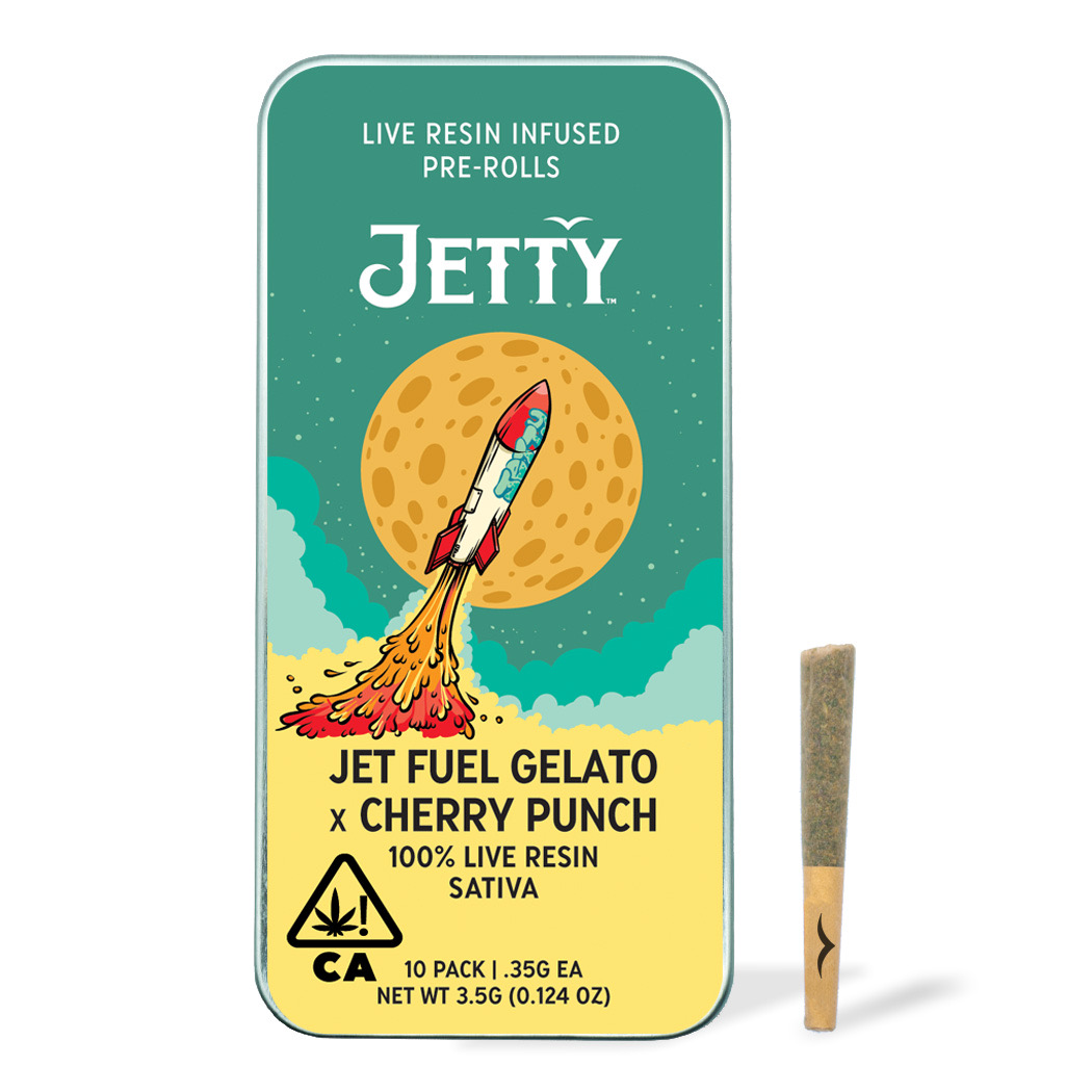 A photograph of Jetty Live Resin Preroll Jet Fuel Gelato x Cherry Punch 10pk