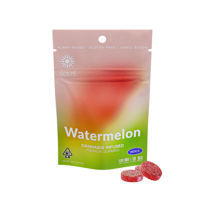 A photograph of Solis Gummies Indica Watermelon 10pk