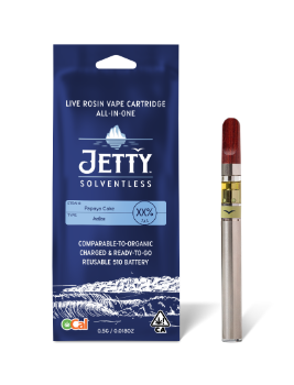 A photograph of Jetty Cartridge OCAL .5g Solventless Papaya Cake All in One