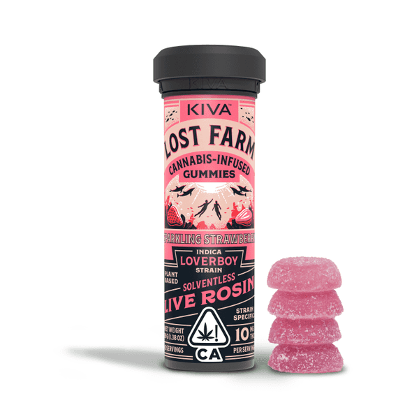 A photograph of Lost Farm Gummies Sparkling Strawberry Loverboy Rosin