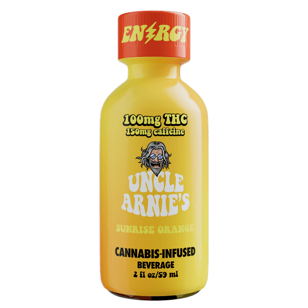 A photograph of Uncle Arnie's Beverage 2oz Sunrise Orange with Caffeine 100mg