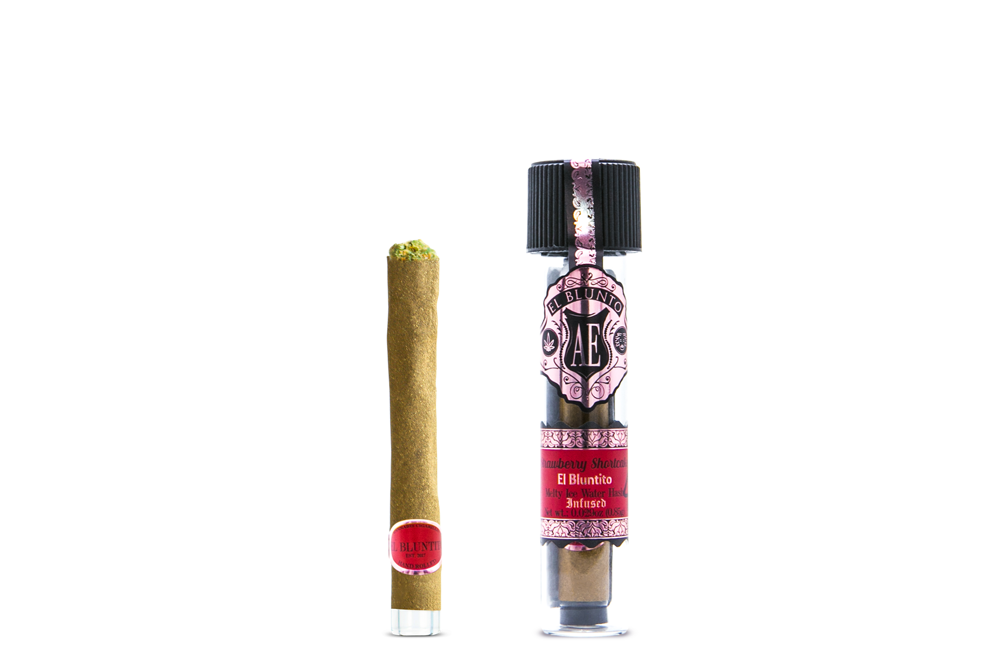 A photograph of AE ROSE GOLD El Bluntito Hash Infused Indica Strawberry Shortcake .85g