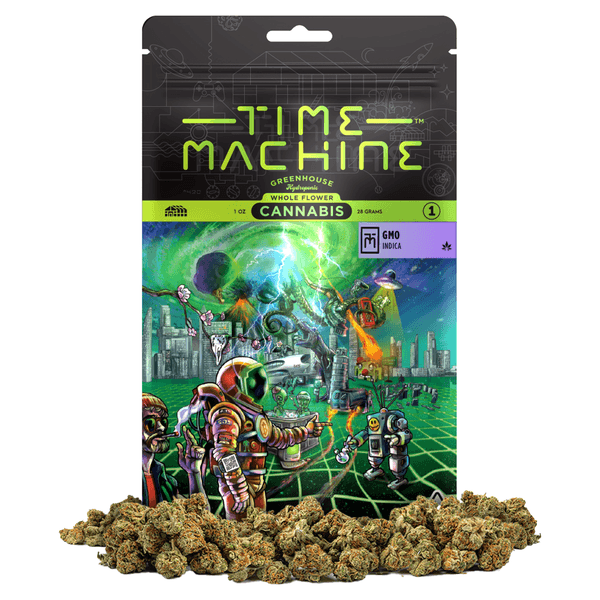 A photograph of Time Machine Flower 28g Indica GMO 4ct