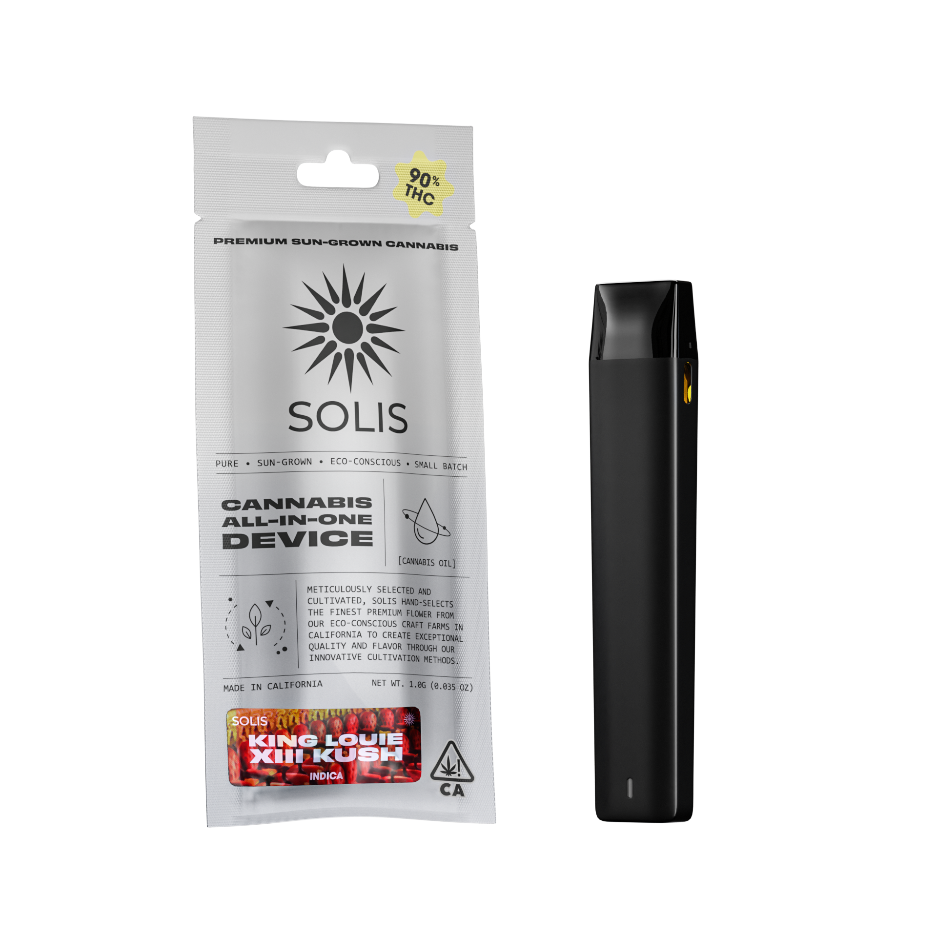 A photograph of Solis All-In-One Vape 1g Indica King Louie XIII Kush